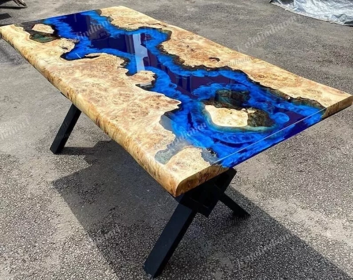 Ocean Blue Rectangular Epoxy Table / Live Edge Dining Table / Natural Wood Table - Image 3