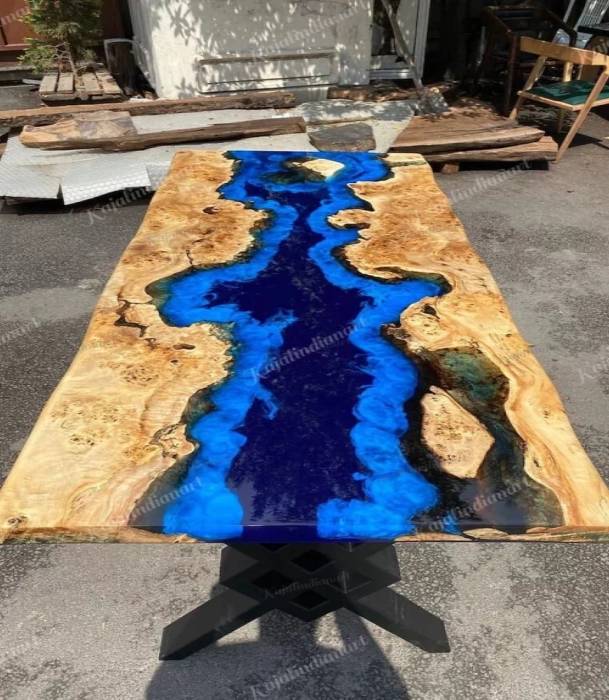 Ocean Blue Rectangular Epoxy Table / Live Edge Dining Table / Natural Wood Table